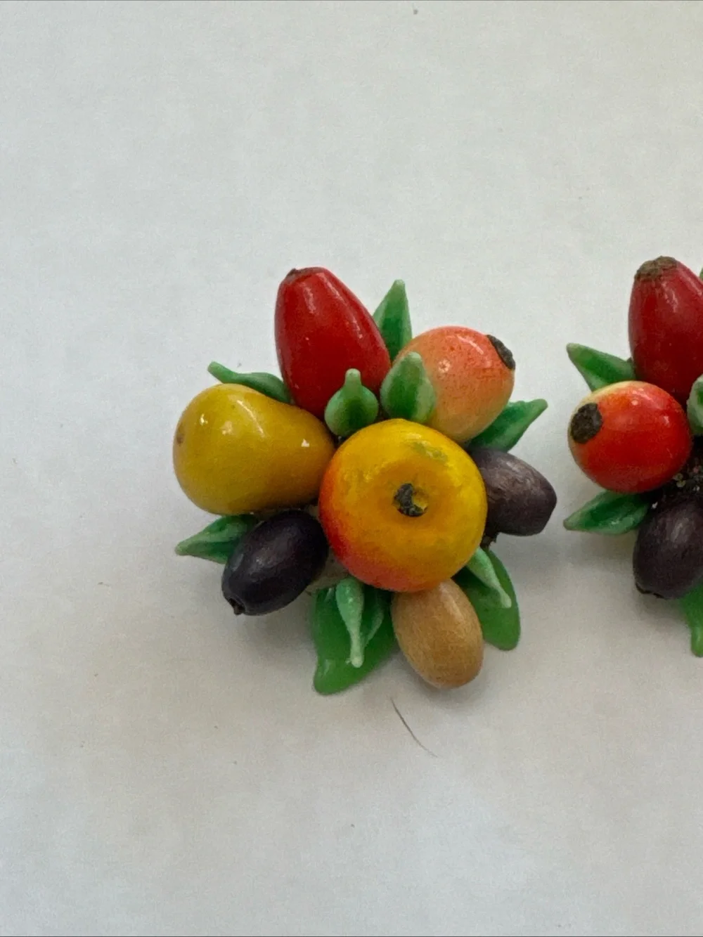 Vintage 1940's Multi-Color Beaded Clip-on Earrings with Fruit and Leaf Motif